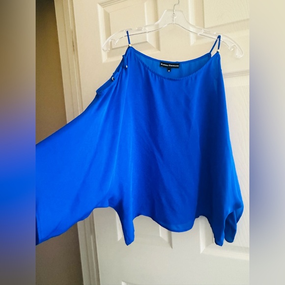 Karina Grimaldi Neimans Electric Blue Open Shoulder Silk Kimono Sleeve Blouse XS - Picture 1 of 5